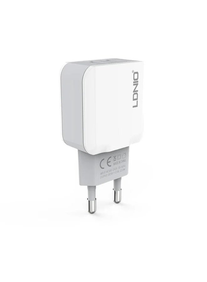 لدنيو شاحن جداري سريع A2202 بقوة 12 واط مزود بمنفذي USB، ومحرك طاقة توربو 2.4 أمبير، وخاصية التعرف على الأجهزة الذكية، ونطاق جهد إدخال واسع من 100 إلى 240 فولت، ونظام تبريد متطور، وتصميم صغير الحجم ومناسب للسفر، باللون الأبيض. - Image 4